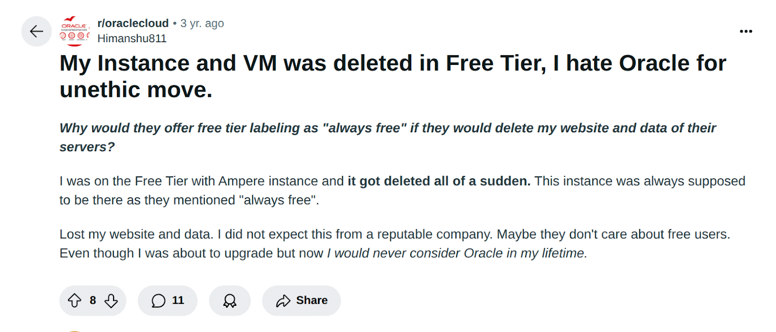a redditor's rant on oracle deleting their server